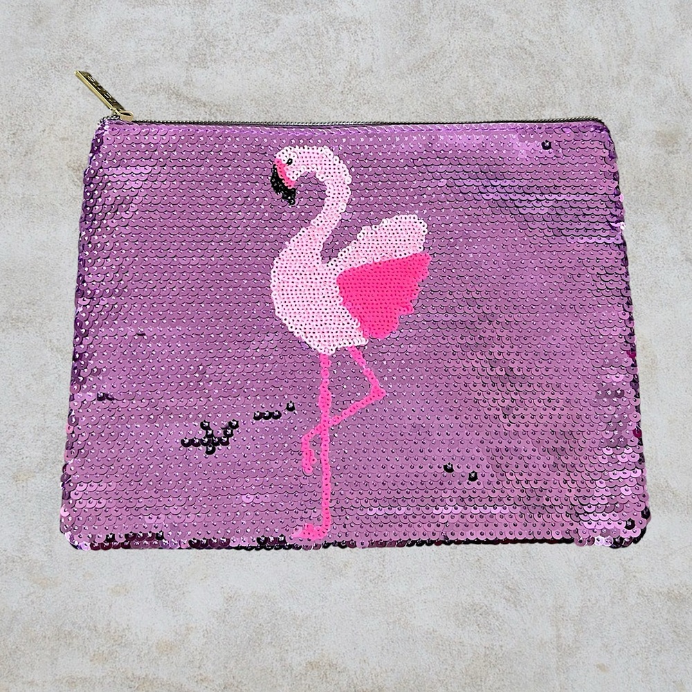 Tarte Sequin Flamingo Bird Purple Pink Gold Makeup Pouch NWT